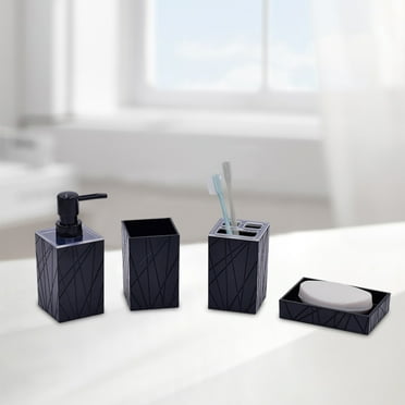 4 Pcs Bathroom Accessory Set with Soap Dispenser Pump, Toothbrush Holder, Tumbler and Soap Dish, Bathroom Accessories-Black&Set of 4