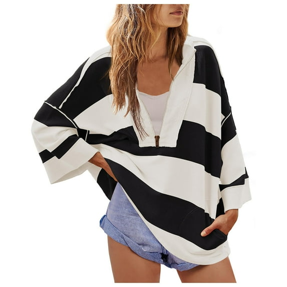 Quinlirra Blouses for Women Dressy Casual Long Sleeve Womens Oversized Striped Shirt Half Zip Sweatshirt Color Block V Neck Top Casual Long Sleeve Pullover
