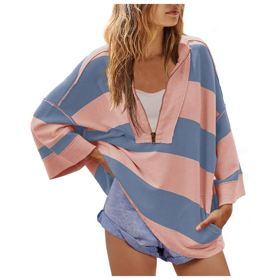 Quinlirra Blouses for Women Dressy Casual Long Sleeve Womens Oversized Striped Shirt Half Zip Sweatshirt Color Block V Neck Top Casual Long Sleeve Pullover