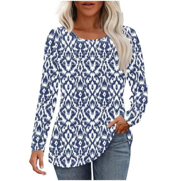 Quinlirra Blouses for Women Business Casual Plus Size Women's Casual Fashion Pullover Pleated Round Neck Printed Long Sleeved Shirt