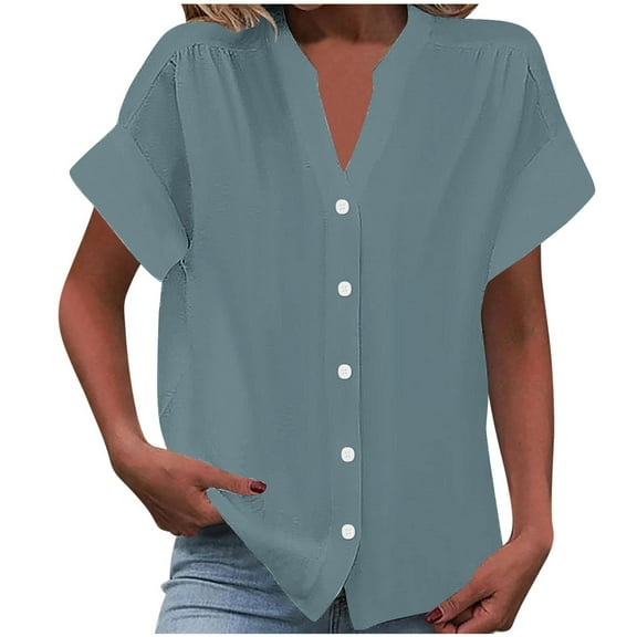 Quinlirra Button up Shirts for Women Short Sleeve Solid Color V-Neck Spring/Summer Basic Shirt Casual Comfortable Everyday Wear
