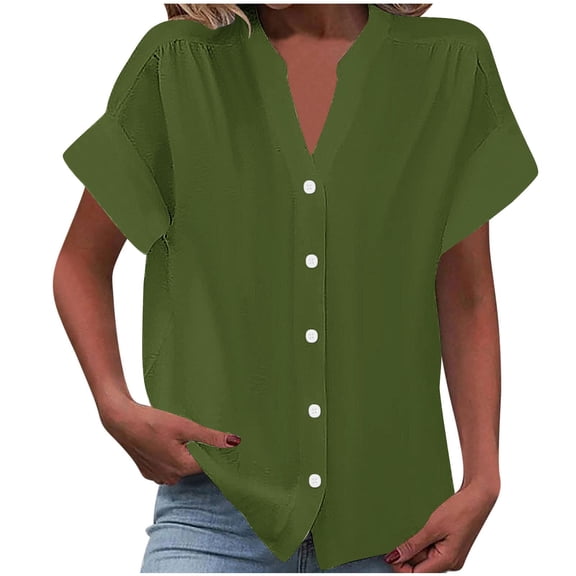Quinlirra Button up Shirts for Women Short Sleeve Solid Color V-Neck Spring/Summer Basic Shirt Casual Comfortable Everyday Wear