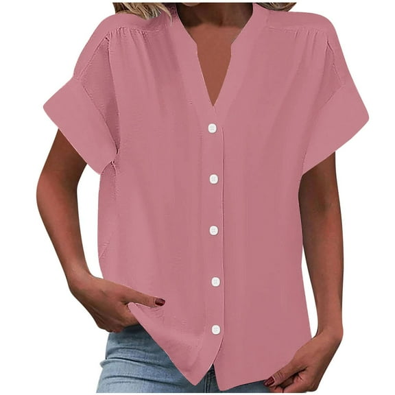 Quinlirra Button up Shirts for Women Short Sleeve Solid Color V-Neck Spring/Summer Basic Shirt Casual Comfortable Everyday Wear