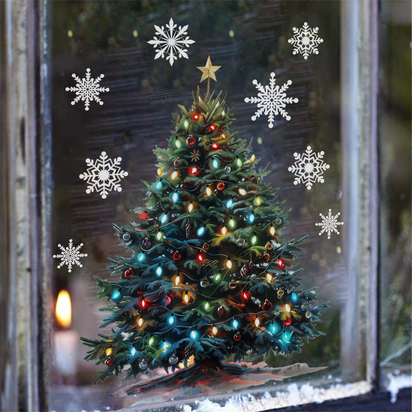 Christmas Window Clings Large Xmas Tree Snowflake Reusable Window Decals for Winter Holiday Party Home Glass Window Decor
