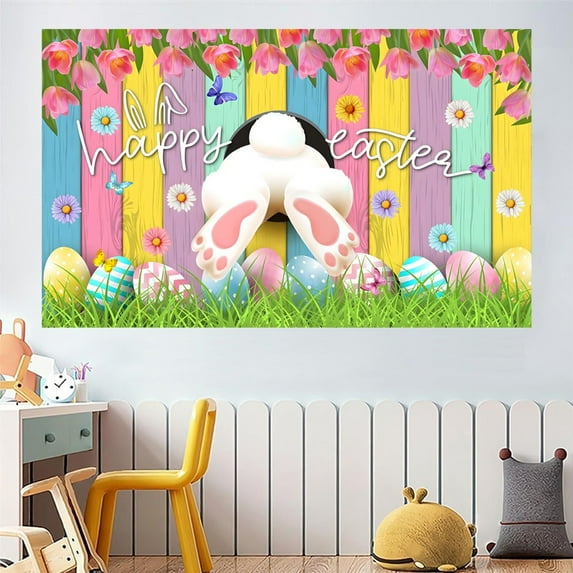 Quinlirra Clearance Happy Easter Party Backdrop Banner, Spring Easter Rabbit Colorful Eggs and Chick Sign Green Grass Yard Photo Background Bunny Photography for Easter Party Decoration