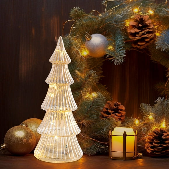 Quinlirra Mercury Glass Christmas Tree Lighted Table Top Christmas Trees with Lights Glass Light Up Christmas Tree Christmas Table Decoration Battery Operated for Centerpieces Tabletop