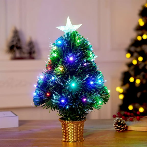 Pre-Lit Fiber Optic Christmas Tree, 17.7 Inch Tabletop Small Mini Artificial Xmas Tree,RGB Lights,Treetop, USB Powered White Tiny Fake Xmas Tree Decorations for Desktop,Holiday