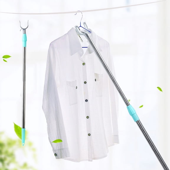Quinlirra Clothes Hook Pole, High Reach Garment Hook for Hanging Clothes and Plants Extendable from 22.8" to 30.7" Made of Stainless Steel-Light blue&22.8*30.7inch