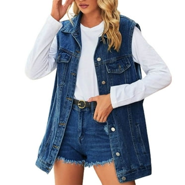 Quinlirra Denim Vest Plus Size Fashion Women Casual Pockets Button Sleeveless Tops Jacket Denim Coat