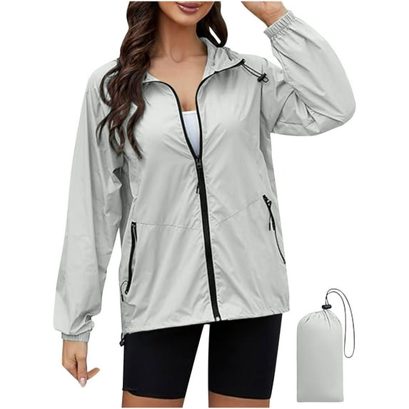 Quinlirra Fall Jackets For Women 2024 Waterproof Rain Jacket Women Lightweight Zip Up Outerwear Long Sleeved Jackets With Hood Packable Raincoat Coats With Pockets And Storage Bag