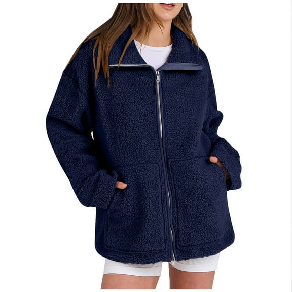 Quinlirra Fall Jackets for Women 2025 Trendy Women's Solid Winter Faux Coats Long Sleeve Lapel Pockets Fleece Jacket Casual Trendy Outerwear L Navy