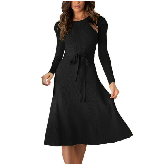 Quinlirra Fall Sweater Dresses for Women 2024 Women's Sweater Mid-Length Sweater Dress Round-neck Puffy Sleeves Solid Color Knitted Skirt Black XXL