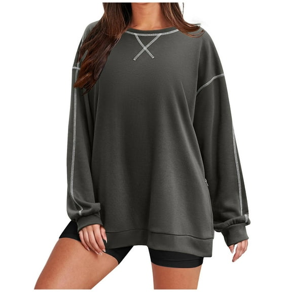 Quinlirra Fall Sweatshirts for Women 2025 Women's Oversized Sweatshirts Long Sleeve Crewneck Side Zipper Pullover Tops 2025 Fall Trendy Clothes