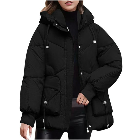 Quinlirra Fleece Jacket Women Full Zip Women's Long-sleeved Hooded Pocket Solid Color Casual Cotton Jacket XL Black
