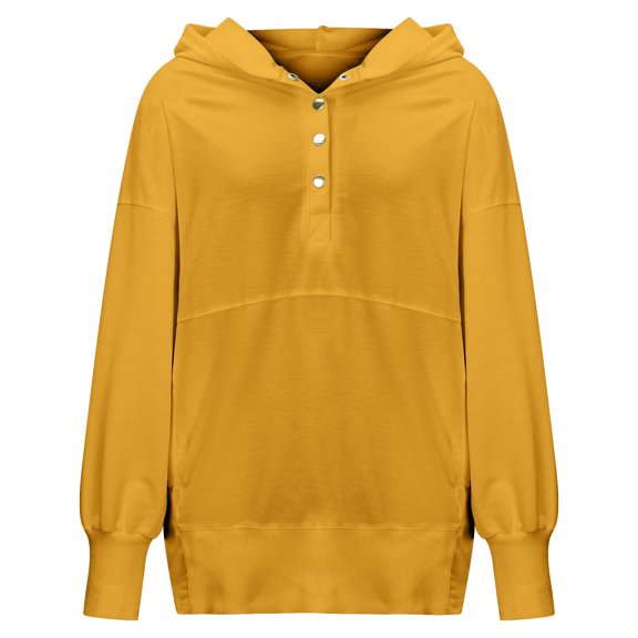 Quinlirra Hoodies for Women Button Blouse Fashion Women Casual Solid V-Neck Long Sleeve Loose Pockets Hooded Sweatshirts Blouse Tops