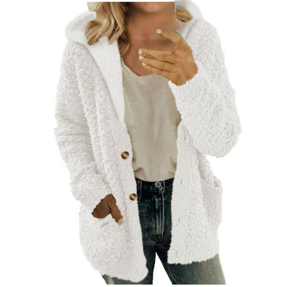 Quinlirra Jackets for Women 2025 Women Hooded Sweater Coat Winter Warm Wool Zipper Coat Long Sleeve Outwear S White