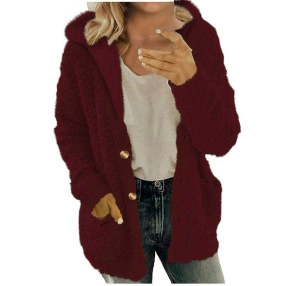 Quinlirra Jackets for Women Winter Women Hooded Sweater Coat Winter Warm Wool Zipper Coat Long Sleeve Outwear XL Red