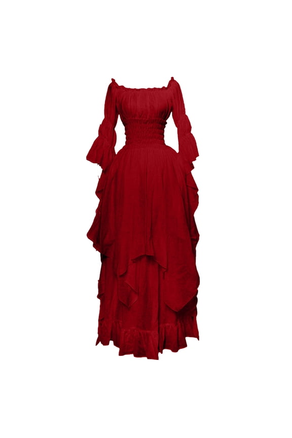 Ladies Medieval Retro Style Solid Color Trumpet Sleeve Princess Dress Women's Long Sleeve Neck Dress Floor Length Cosplay Dress Plus Size Dress