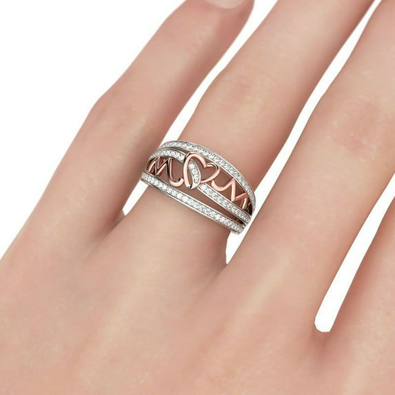Love Mom Diamond Inlaid Ring Fashion Women Rose Gold Letter Ring for Women Mother Couple Family Valentine' Day Gifts