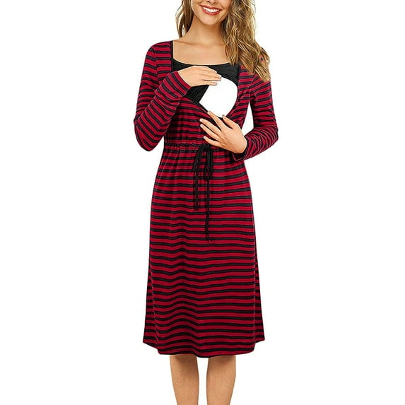 Todaioua Maternity Dresses for Women 2024 Long Sleeve Striped Printed Nursing Dress for Breastfeeding Casual