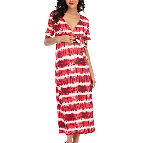 Todaioua Maternity Dresses for Women 2024 Plus Size Dress V-neck Short-sleeved Belt Printed Dress for Casual