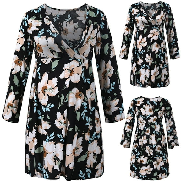 Todaioua Maternity Dresses for Women 2024 Summer Pregnant Clothes Pleated Flower Long Sleeve Dress Casual