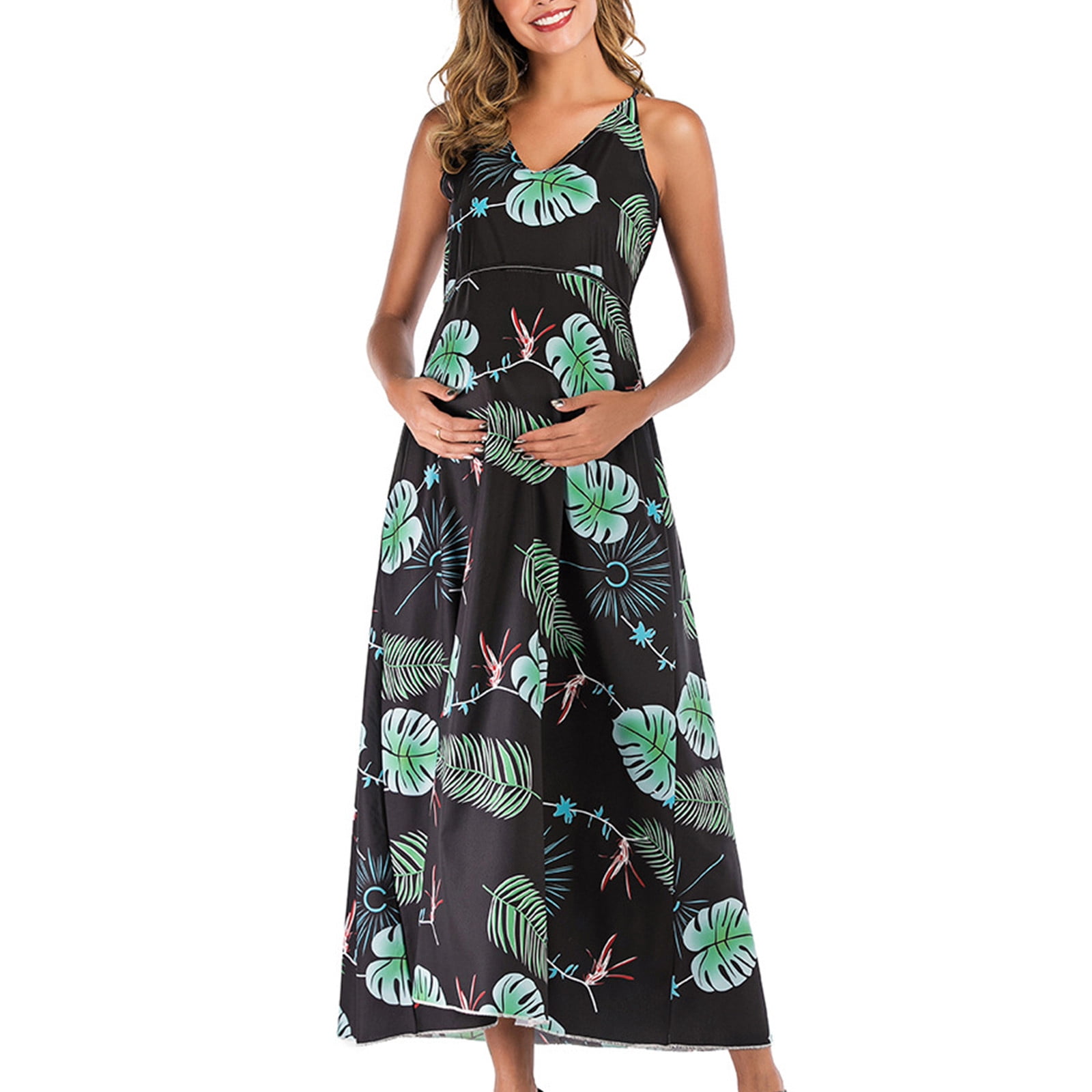 Todaioua Maternity Dresses for Women 2024 Summer Round Sleeveless Leaves  Print Sling V-neck Fashion Dress Casual - Walmart.com