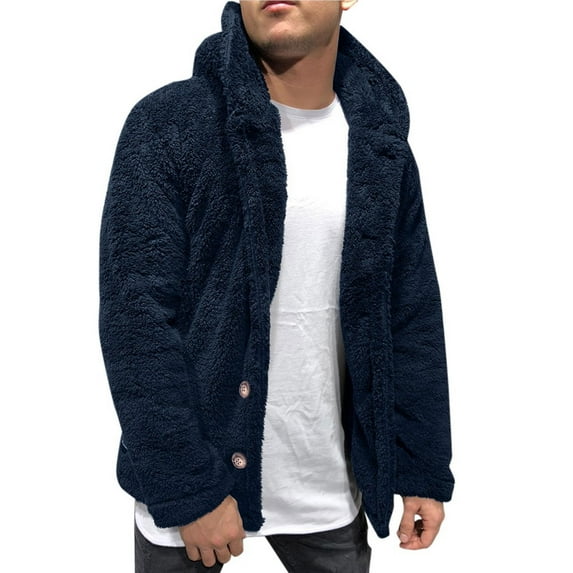 Quinlirra Men's Plush Coat Men's Winter Solid Color Cardigan Long Sleeve Hooded Casual Plush Blouse Tops Coat