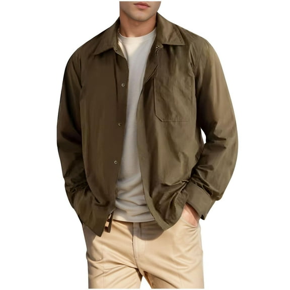 Quinlirra Mens Casual Lightweight Jacket Men's Fashion Casual Solid Color Buttons Pockets Long Sleeve Hoodless Casual Outwear