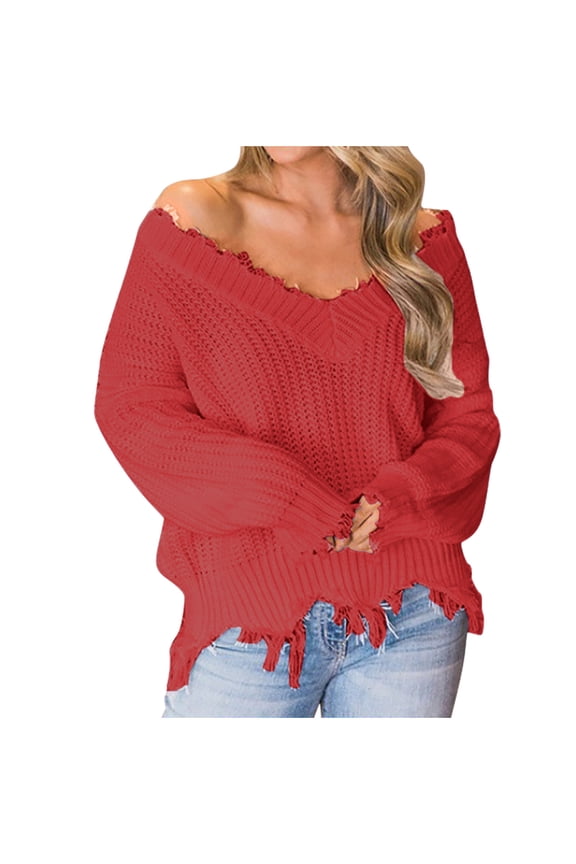 Off Shoulder Sweater Oversized Womens Casual Solid V-Neck Sweater Tops
