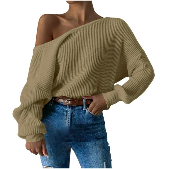 Quinlirra Oversized Sweaters for Women Off Shoulder Ladies' And Winter Round Neck Long Sleeved Color Blocked Striped Knitted Sweater Flared Sleeve Sweater