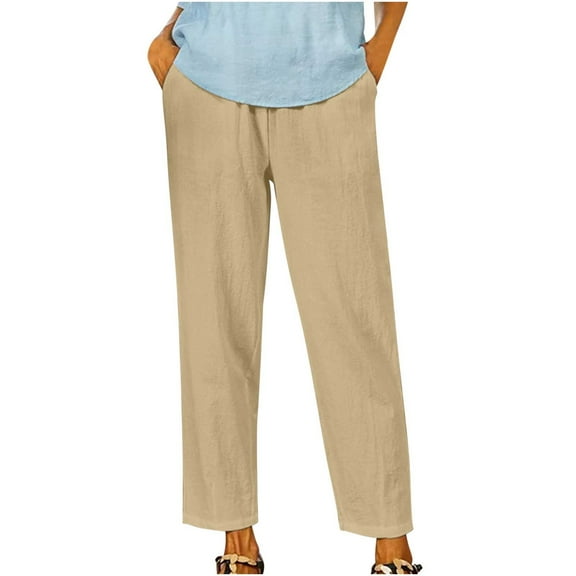 Quinlirra Pants for women 2025 Women's Spring And Solid Color Elastic Waist Cotton Linen Versatile Straight Tube Casual Wide Leg Pants