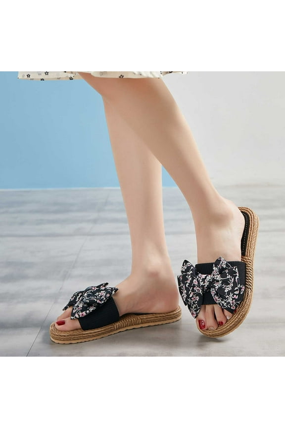 Sandals Women New Summer Flip-Flops Linen Floral Bow Flat Sandals Birthday Gifts for Women