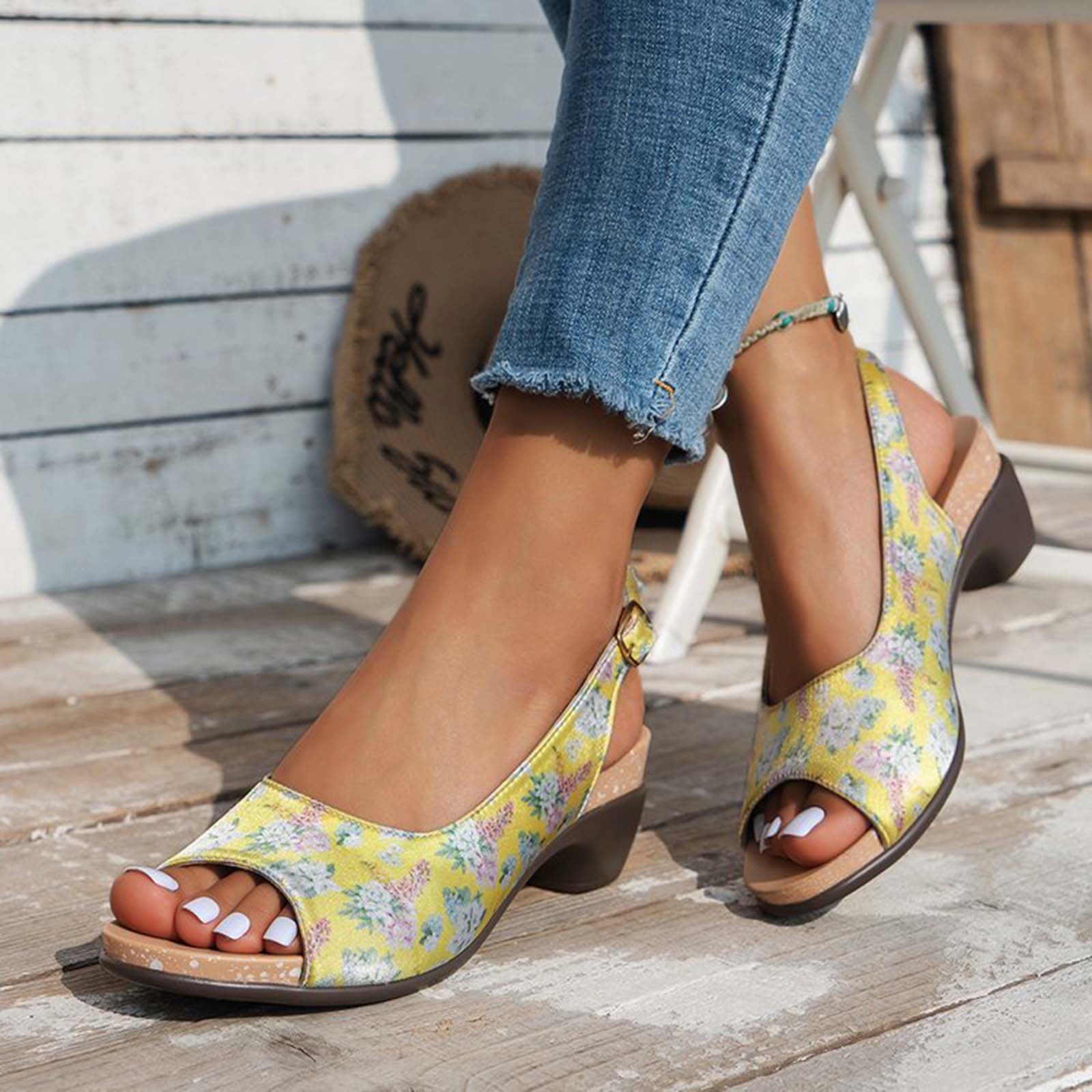 Women's Wedge Heel Sandals - Fish Mouth Flock Upper, 5.3" Chunky Platform Heel, Comfortable Wide Fit Summer Sandals