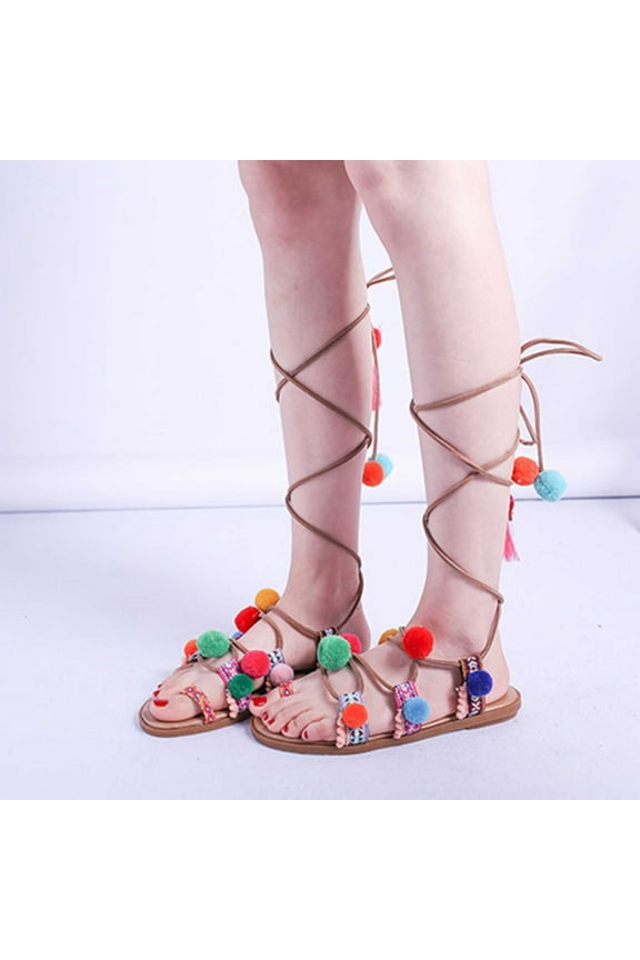 Sandals Women Summer Boho Ethnic Style Hairball Clip-Toe Flat Beach Sandals Birthday Gifts for Women