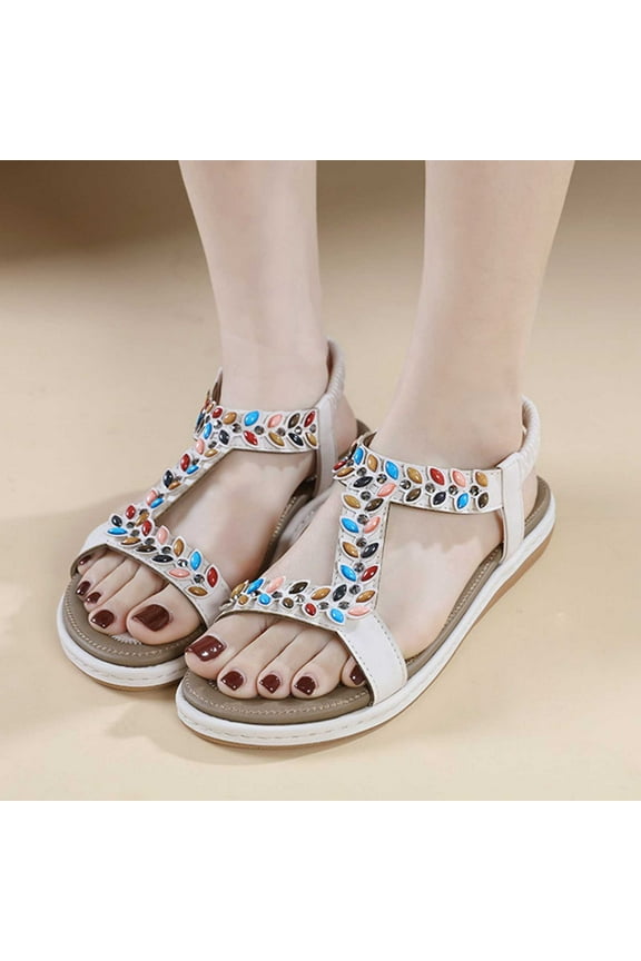 Sandals Women Summer New Floral Comfort Elastic Casual Seaside Beach Flat Sandals Birthday Gifts for Women