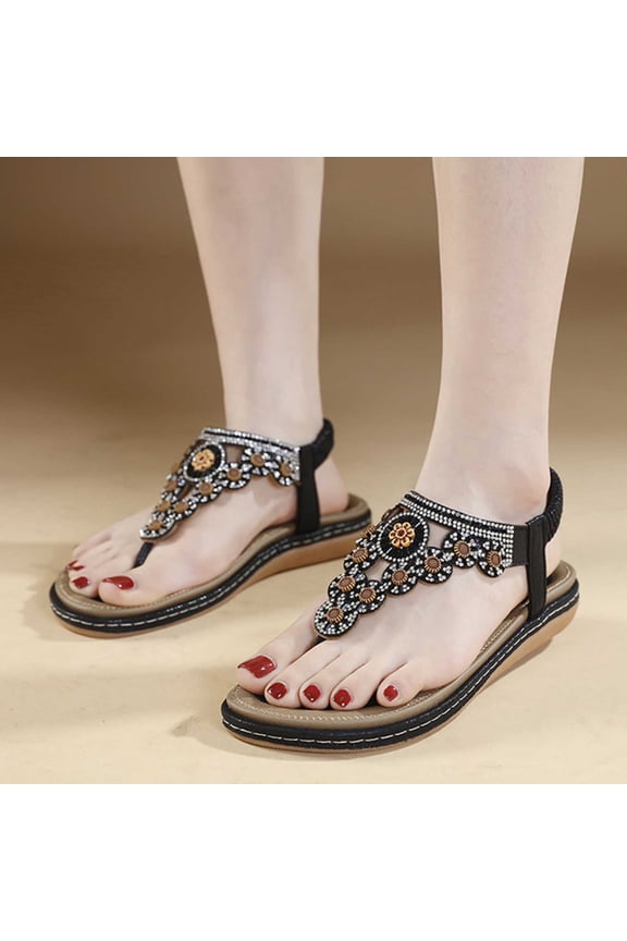Sandals Women Summer New Floral Comfort Elastic Casual Seaside Beach Flat Sandals Birthday Gifts for Women