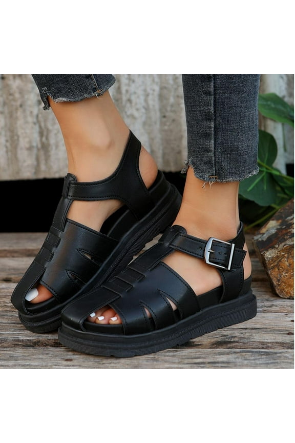 Sandals Women Summer New Large-Size Openwork Roman Sandals Vintage One-Line Buckle Sandals Birthday Gifts for Women