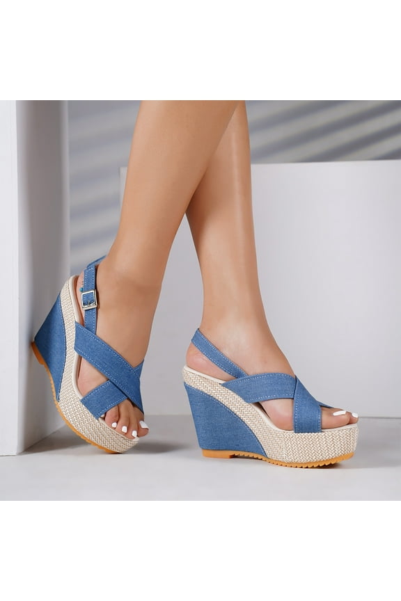 Sandals Women Summer New Muffin Thick Bottom Slope with Sandals Female Denim Crossed Buckle Big Yards Beach Sandals Slippers Birthday Gifts for Women