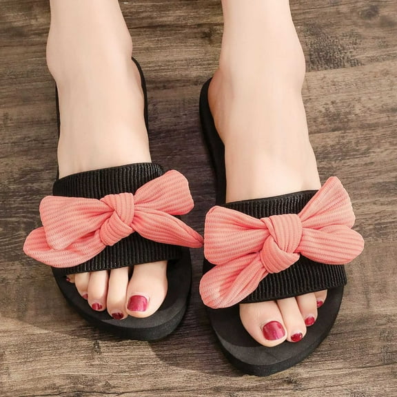 Quinlirra Sandals Women Summer New One-Line Rhinestone Pearl Bow Over Flat Sandals Birthday Gifts for Women