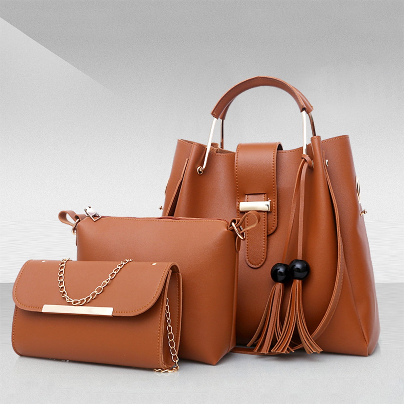 Quinlirra Set of 3 Purses for Women Tote Purse and Wallet Set Shoulder Satchel Bags, Women Handbag Wallet Tote Bag Shoulder Bag, Gifts for Women-Brown&Set of 3