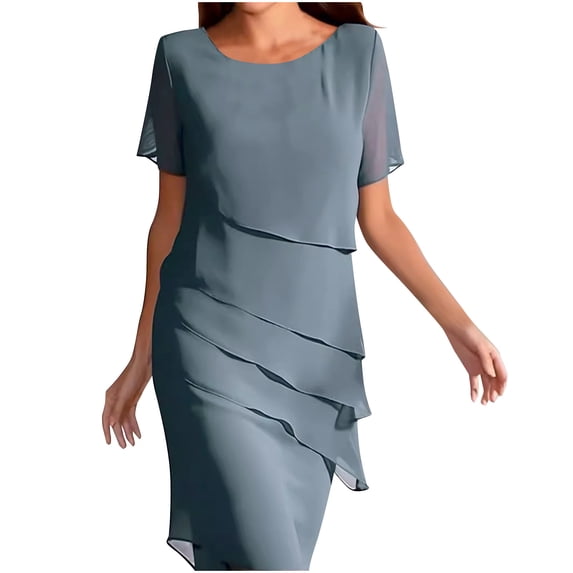 Quinlirra Summer Dresses for Women 2024 casual Women Fashion Summer Solid Color Patchwork Chiffon Short Sleeved Round Neck Dress