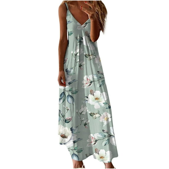 Quinlirra Summer Dresses for Women 2025 petite Women's Summer Print Casual Loose Sleevless V-Neck Dress