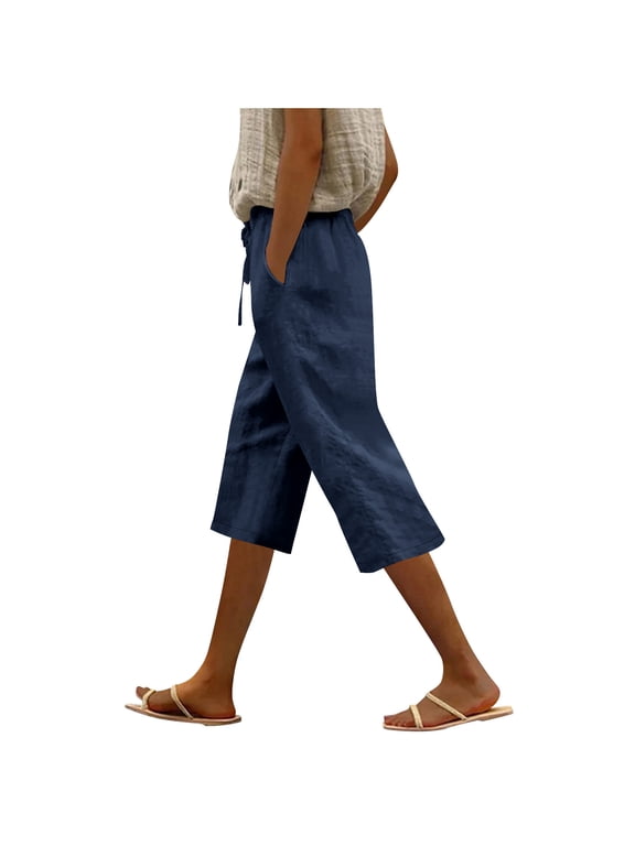 Summer Pants for Women 2025 Tall Fashion Womens Casual Solid Color Waist Elastic Loose Straight Wide Leg Half Shorts Pants With Pocket