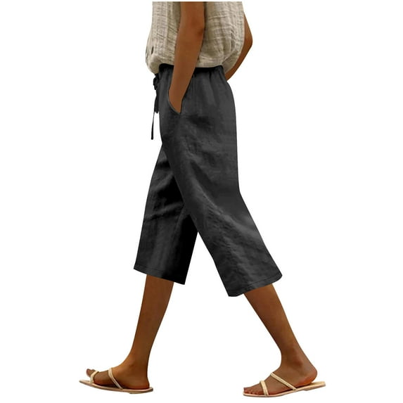 Quinlirra Summer Pants for Women 2025 Tall Fashion Womens Casual Solid Color Waist Elastic Loose Straight Wide Leg Half Shorts Pants With Pocket