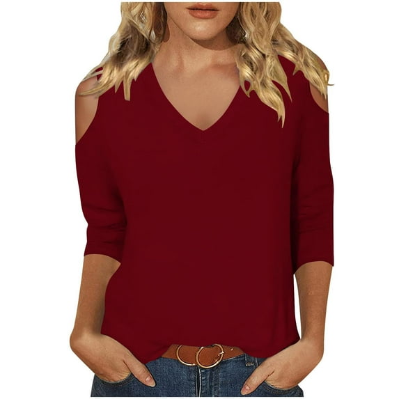 Quinlirra Summer Shirts for Women petite Women's Fashionable Solid Color T-shirt 3/4 Sleeve Shirt V-neck Casual Top