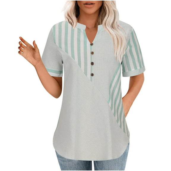 Quinlirra Summer Ttops for Women 2024 Work Women's Oversized Fashionable Button Asymmetrical Striped Patchwork Short Sleeved V-neck Top/shirt