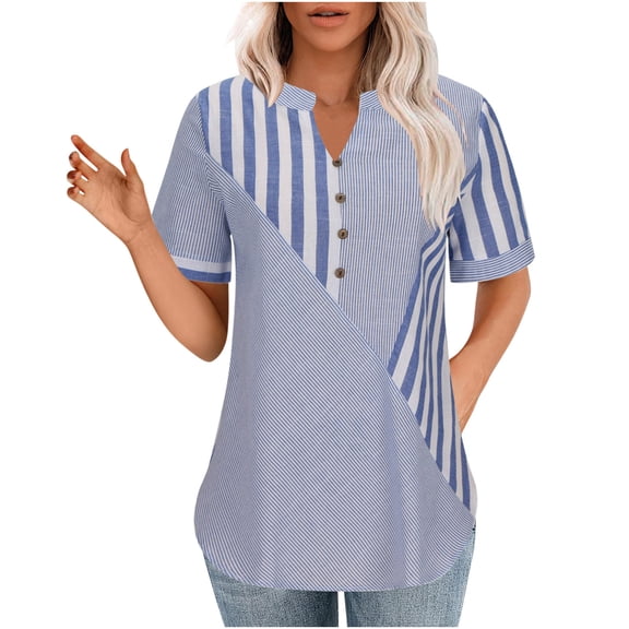 Quinlirra Summer Ttops for Women 2024 Work Women's Oversized Fashionable Button Asymmetrical Striped Patchwork Short Sleeved V-neck Top/shirt