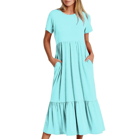 Quinlirra Sundresses for women 2024 with sleeves Women's Summer Casual Short Sleeve Crewneck Dress Casual Flowy Tiered Maxi Beach Dress With Pockets