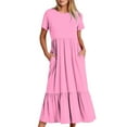 thumbnail image 1 of Quinlirra Sundresses for women 2024 with sleeves Women's Summer Casual Short Sleeve Crewneck Dress Casual Flowy Tiered Maxi Beach Dress With Pockets, 1 of 4